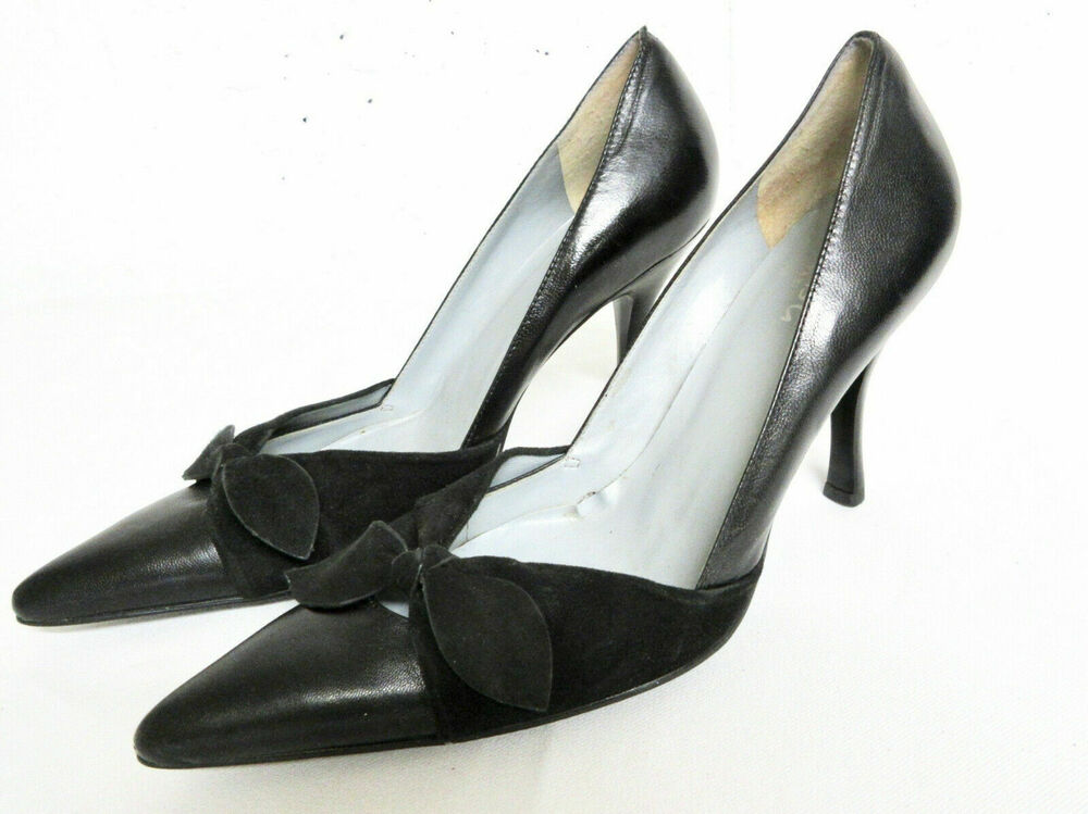 BCBG Paris Black Leather Suede Bow Pointy Toe Stiletto Punk Heels 9.5 39.5